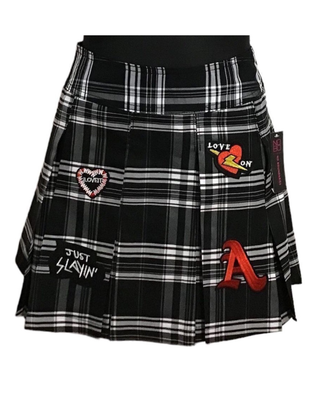No Boundaries Black Plaid Patchwork Skater Skirt with Embroidered Patches